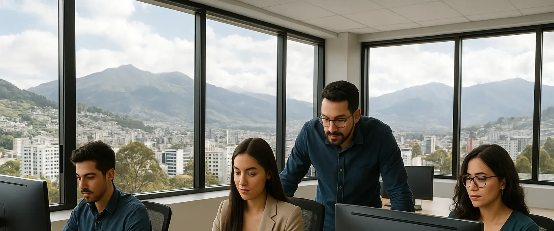 Equipo de profesionales de tecnología trabajando en una oficina moderna de Quito, con las montañas al fondo