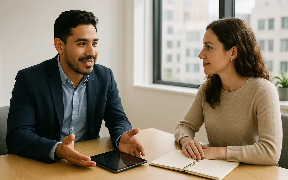 Consultor y clienta conversando en una reunión de trabajo con una tableta y un cuaderno